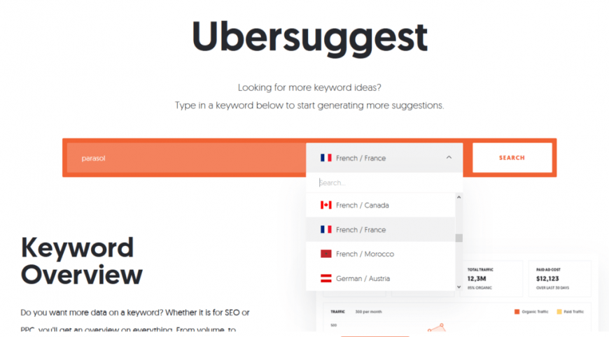 Ubersuggest, un outil disponible en français et dans de nombreuses autres langues